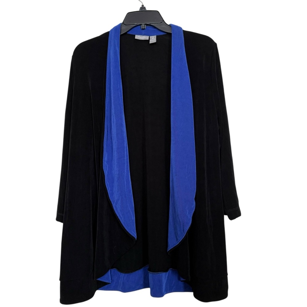 Chico’s Travelers Women’s Sz 2(L) Drape Open Front Cardigan Black/Blue Trim
